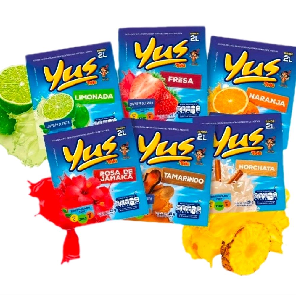 Yus Sobres de 25gr 7 Sabores mix Limón, Fresa, Naranja, Jamaica, Tamarindo, Horchata y Piña.