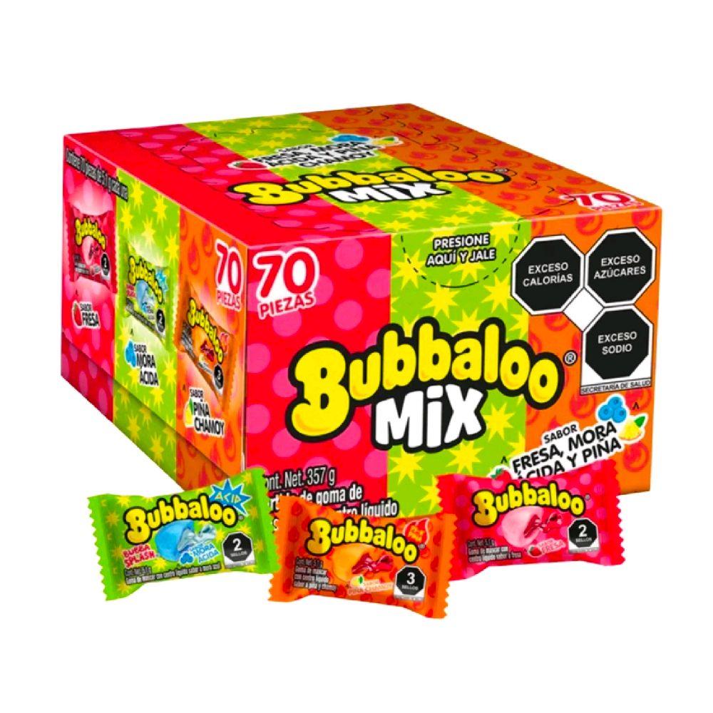 Bubbaloo Mix 4 sabores caja con (70 piezas) Chicle con centro líquido Sabores Fresa, Mora Acida y Piña con Chamoy.